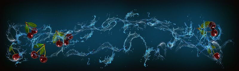 Wallpaper with fruits in water for designers - cherries are filled with vitamins and nutrients for the diet
