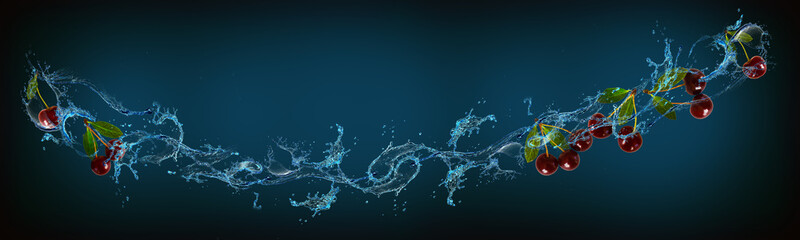 Wallpaper with fruits in water for designers - cherries are filled with vitamins beneficial to health