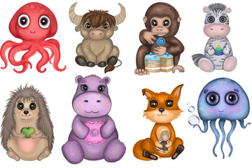 Baby animals watercolor collection. Hand drawn set of cute baby octopus, jellyfish, monkey, hedgehog, fox, zebra, yak, hippo, panda, mouse, narwhal, koala.Design for kids preschool, cards, posters