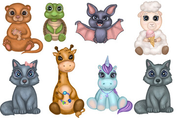 Baby animals watercolor set. Hand drawn set of cute baby xerus, turtle, bat, wolf, giraffe, sheep, unicorn. Isolated on a white background.Design for kids preschool, cards, posters