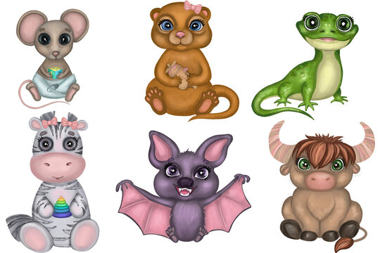 Baby animals watercolor set. Hand drawn collection of cute baby mouse, xerus, iguana,bat, yak, zebra. Isolated on a white background.Design for kids preschool, cards, posters