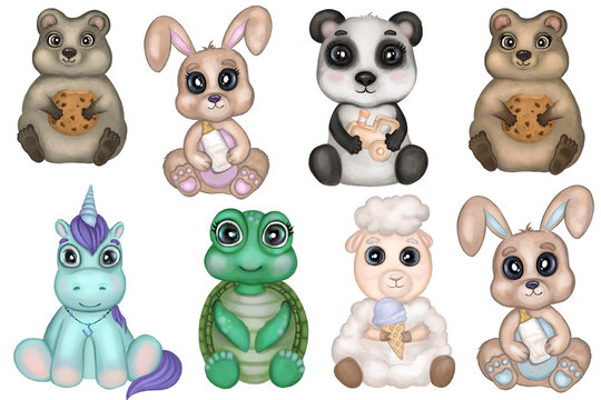 Baby animals aquarelle set. Hand drawn collection of cute baby quokka, rabbit, panda, sheep, turtle, unicorn. Isolated on a white background.Design for kids preschool, cards, posters, frame art.