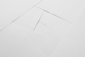Soft light white abstract geometric background with flat spaces, corners and thin lines as swirl in...