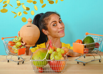 Happy woman made a cheap and healthy shopping of fruit