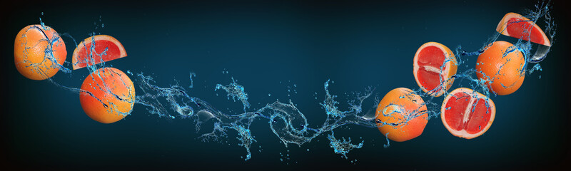 Wallpaper with fruits in water for designers - grapefruit is filled with vitamins and nutrients for the diet
