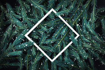 Christmas background of green fir branches with a white frame. New Year's background for posters,...