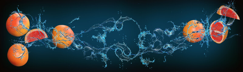 Wallpaper with fruits in water for designers - grapefruit is filled with vitamins