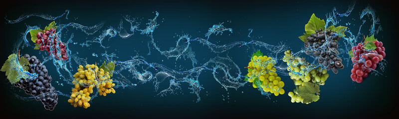 Wallpaper with fruits in water for designers - grapes are filled with vitamins