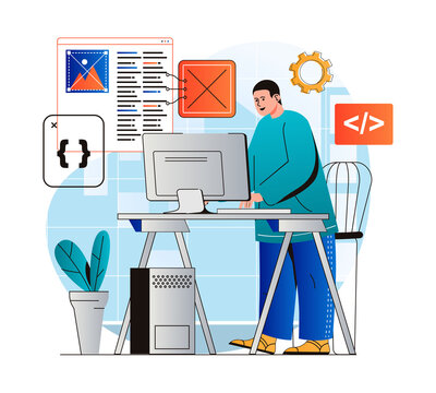 Programming working concept in modern flat design. Developer programs in different languages, creates software, working at computer in office. Development optimization and testing. Web illustration