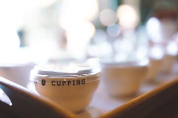 coffee aroma flavour and beverage cupping concept, roasted man or professional barista testing aromatic tasting preparation of coffee bean in cup