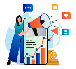 Social media marketing concept in modern flat design. Woman with megaphone attracting audience and analysis data of advertising campaign. Online promotion in mobile applications. Web illustration