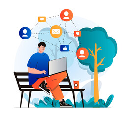 Social network concept in modern flat design. Man sends messages to friends and likes posts on social media using laptop while sitting on bench in park. Online communication. Web illustration