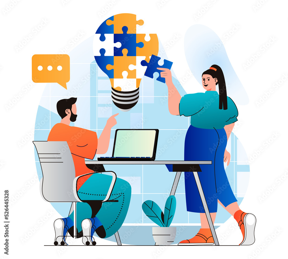 Aufkleber teamwork concept in modern flat design. team works in office, generates ideas, brainstorms, discusse