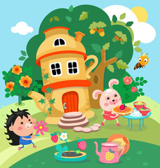 Fairy tale ceramic teapot house in forest on background of trees. Cute animals bunny with pie and hedgehog. Building, cartoon style characters. Vector illustration.
