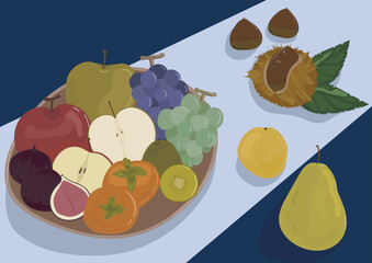 栗、梨、柿、キウイ、葡萄、林檎、いちじく、柑橘類等、秋の果物を盛り合わせたイラスト