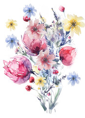 Watercolor bouquet of flowers, Beautiful abstract splash of paint, fashion illustration. Wild grass, flowers, chamomile, violet, peony.  field or garden flowers. Watercolor abstract. Modern art.