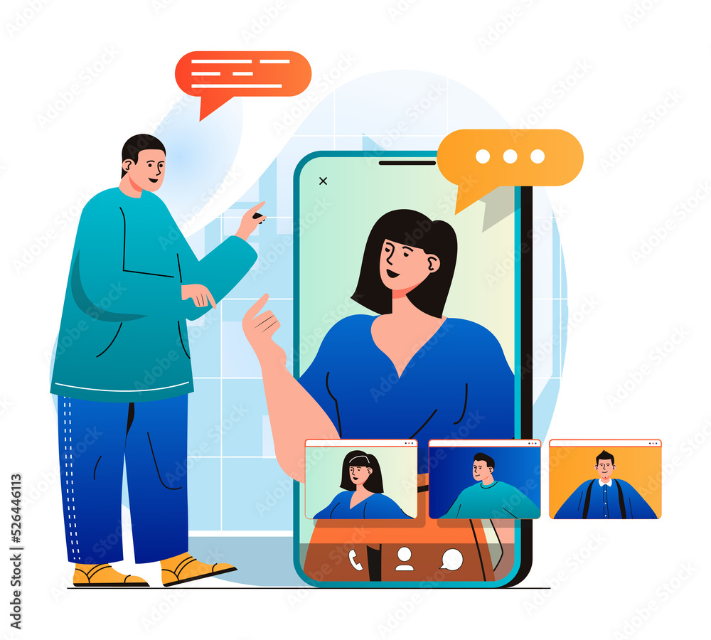Aufkleber Video chatting concept in modern flat design. Man makes video call to friends or colleagues and communicate at different screens at mobile apps. Online communication technology. Web illustration
