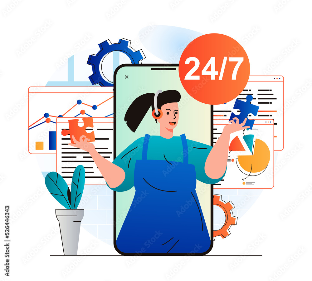 Poster virtual assistant concept in modern flat design. woman operator with headphones advises and helps cl