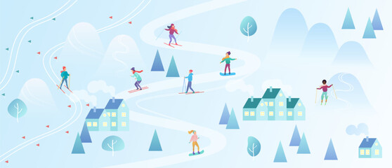 Winter holidays in ski resort, snowy landscape of mountain park with active skiers on hills vector illustration. Cartoon people snowboarding and skiing on slope background. Sport activity concept