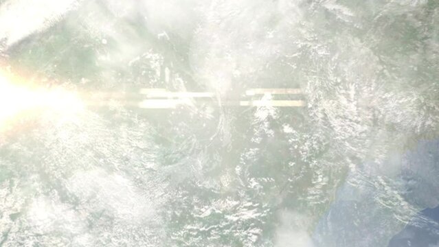 Earth zoom in from outer space to city. Zooming on Yakutsk, Russia. The animation continues by zoom out through clouds and atmosphere into space. Images from NASA