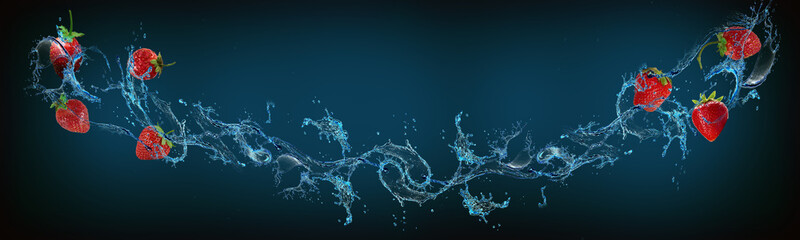 Wallpaper with fruits in water for designers - strawberry is a delicious fruit for diet