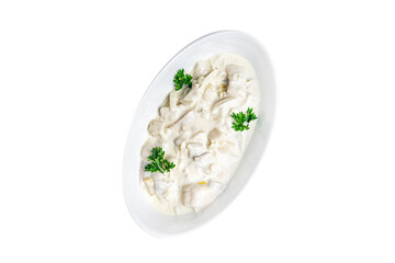 herring fish sour cream white sauce fresh meal food snack on the table copy space food background