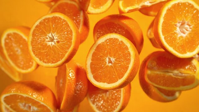 Super Slow Motion Shot of Flying Fresh Orange Slices Towards Camera on Orange Background at 1000fps.
