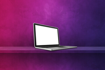 Laptop computer on purple shelf background