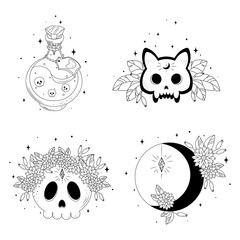 vector illustration with a skull for all saints day, vector illustration with a skull for halloween day, black silhouette of a skull on a white background, skull print,magic potion silhouette drawing,
