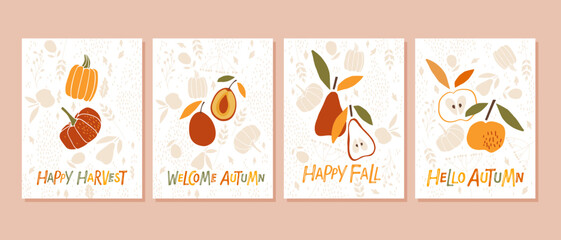 Autumn print collection. Hand drawn lettering fall quotes with fruits and vegetables on harvest background. Vector Fall, Autumn, Thanksgiving Design elements for poster, banner, card, badge, t-shirt