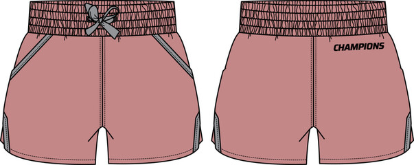 Women athletic Running trail Shorts design flat sketch fashion Illustration for girls and Ladies, Athletic shorts concept with front and back view for tracking active wear.