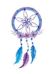 Purple watercolor floral dream catcher with flowers and feathers