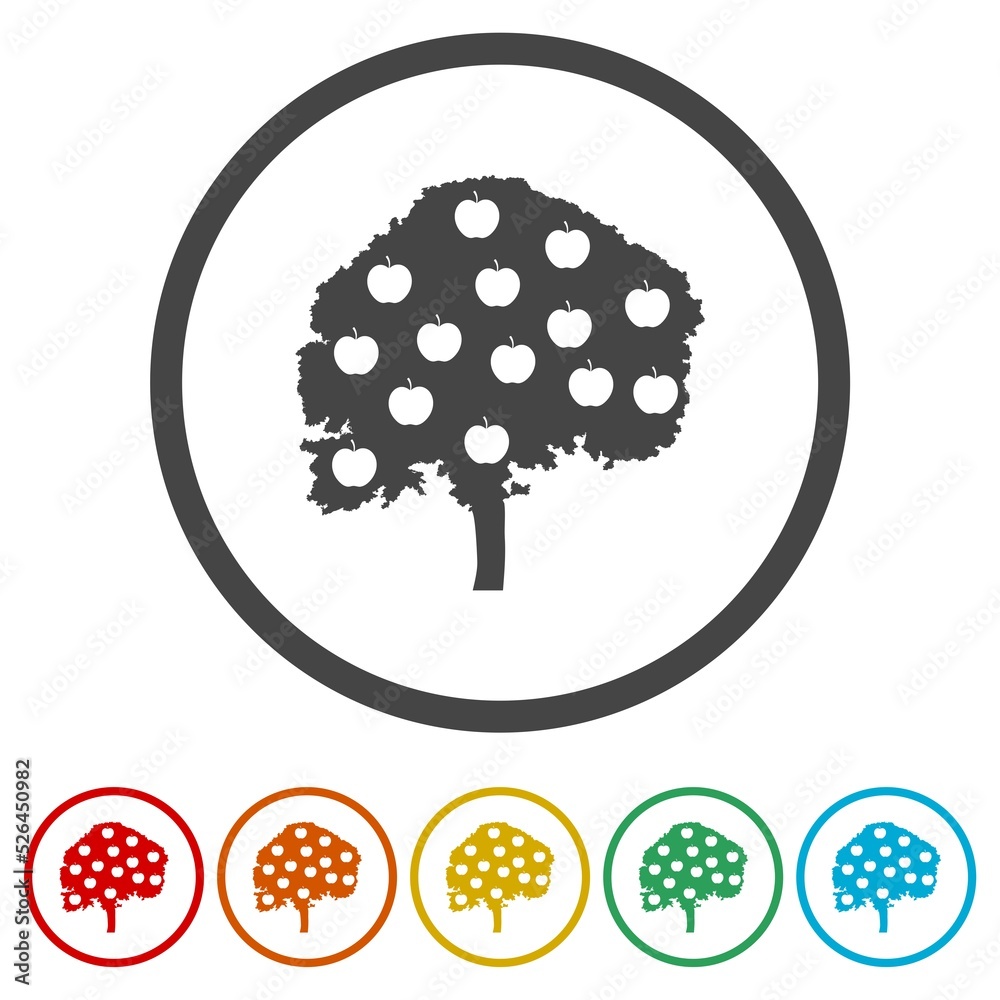 Sticker Apple tree icon isolated on white background. Set icons in color circle buttons