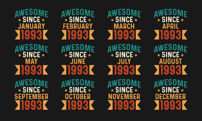 Fototapeta premium Awesome since January, February, March, April, May, June, July, August, September, October, November, and December 1993. Retro vintage all month in 1993 birthday celebration design