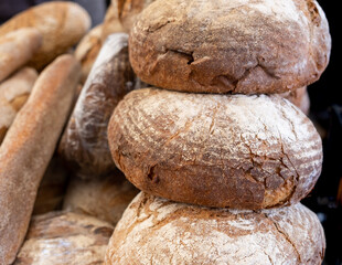 Close-up shot of dark bread for sale at the farmers market