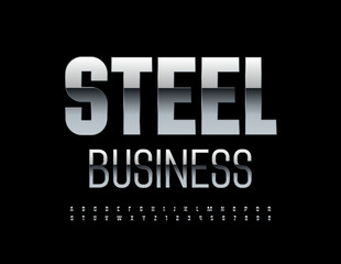 Obraz premium Vector modern logo Steel Business. Metallic glossy Font. Silver Alphabet Letters and Numbers set
