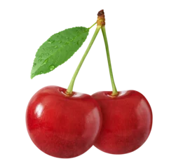 Poster two fresh cherries with stem and leaf © spaxiax