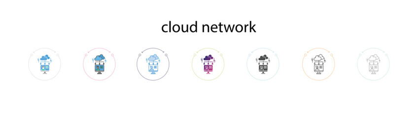 cloud network icon in filled, thin line, outline, gradient and stroke style. Vector illustration of four colored and black cloud network vector icons designs can be used for mobile, ui, web