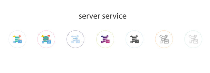 server service icon in filled, thin line, outline, gradient and stroke style. Vector illustration of four colored and black server service vector icons designs can be used for mobile, ui, web