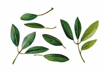 Set of isolated watercolor branches with olive leaves. Green color.