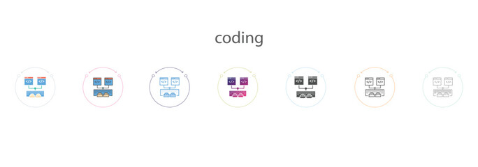 coding icon in filled, thin line, outline, gradient and stroke style. Vector illustration of four colored and black server coding icons designs can be used for mobile, ui, web