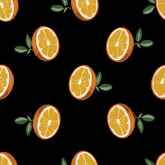 Cartoon style seamless pattern with Fortunella or Kumquat or orange exotic fruits and leafs on black background for print, cloth texture or wallpaper