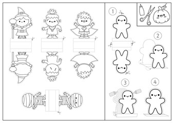 Vector black and white Halloween paper dolls set. Cute finger puppets or chips with witch, vampire, monster. Autumn or fall holiday cut out craft cards. Simple printable game or coloring page.