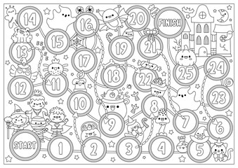 Halloween black and white board game for children with haunted house and cute kawaii children. Autumn holiday party boardgame with witch, ghost. Printable activity or coloring page.