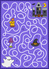 Halloween maze for kids. Autumn holiday preschool printable activity with cute kawaii ghost and haunted cottage. Scary labyrinth game with cute characters. All saints day worksheet.