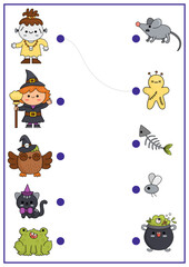 Obraz premium Halloween matching activity with cute kawaii witch, owl, cat, monster. Autumn holiday puzzle with cauldron, mouse, frog. Match the objects game. All saints day match up printable page.