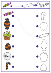 Halloween shape matching, coloring and drawing activity. Autumn holiday puzzle with cute kawaii sweets and desserts. Find correct silhouette printable worksheet. Trick or treat page for kids.