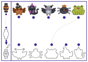 Halloween shape matching, coloring and drawing activity. Autumn holiday puzzle with cute kawaii owl, bat, cat, frog, spider. Find correct silhouette printable worksheet. All saints day page for kids.