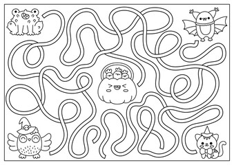 Halloween black and white maze for kids. Autumn holiday preschool line printable activity with cute kawaii animals and pumpkin with sweets. Scary labyrinth game. Trick or treat coloring page.