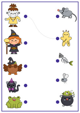 Halloween matching activity with cute kawaii witch, owl, cat, monster. Autumn holiday puzzle with cauldron, mouse, frog. Match the objects game. All saints day match up printable page.